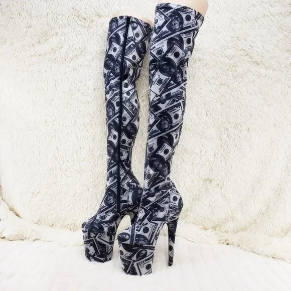 Dollar Money Print Stretch Thigh High 8 Heel Boots