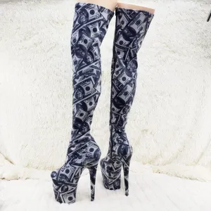 Dollar Money Print Stretch Thigh High 8 Heel Boots