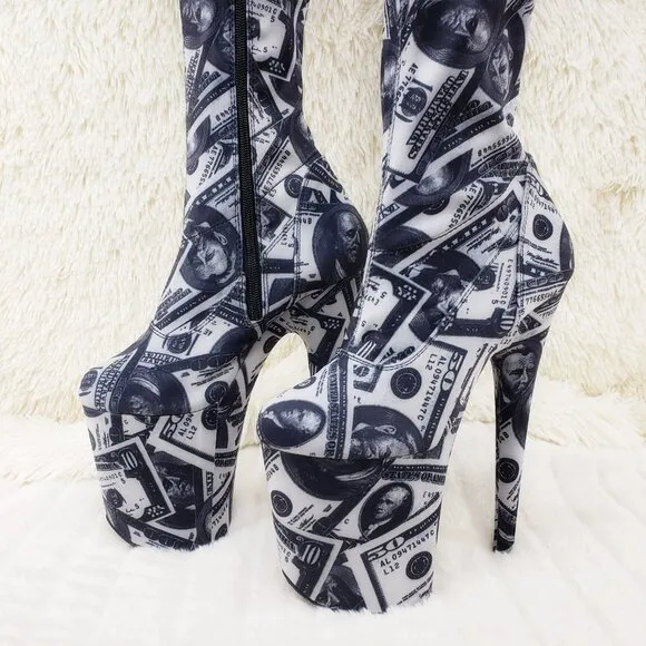 Dollar Money Print Stretch Thigh High 8 Heel Boots