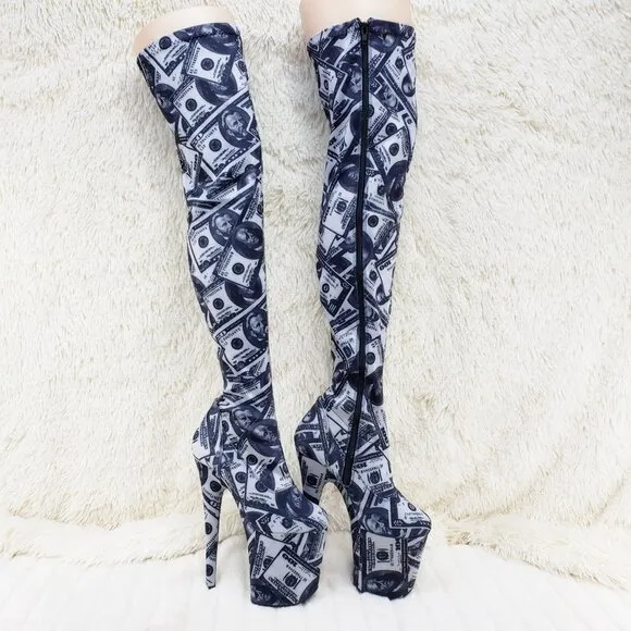 Dollar Money Print Stretch Thigh High 8 Heel Boots