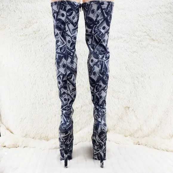 Dollar Money Print Stretch Thigh High 8 Heel Boots