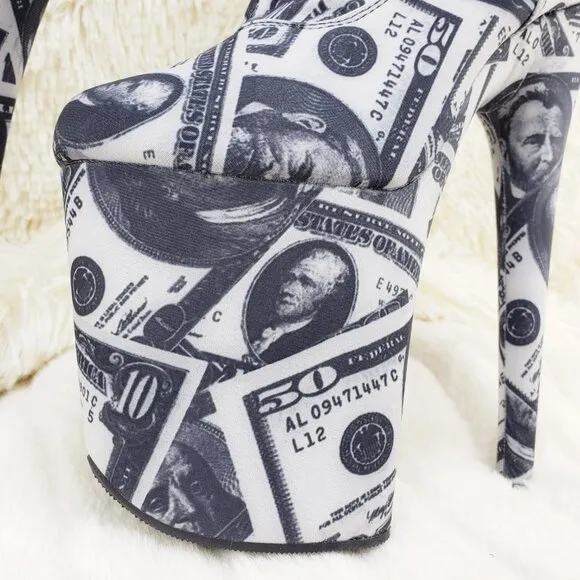 Dollar Money Print Stretch Thigh High 8 Heel Boots