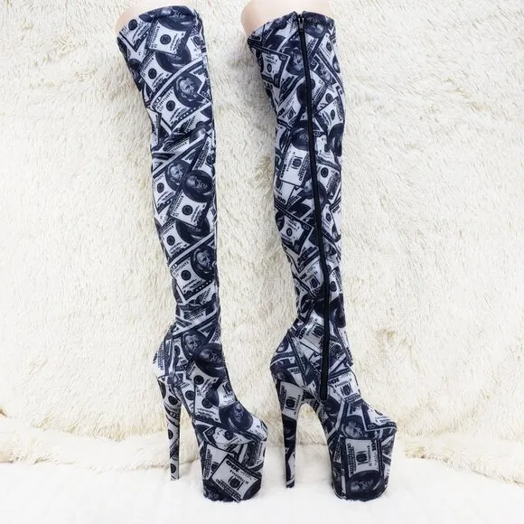 Dollar Money Print Stretch Thigh High 8 Heel Boots