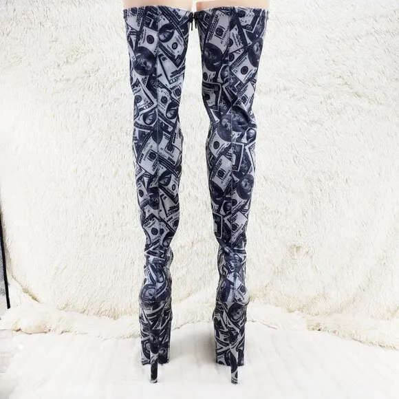 Dollar Money Print Stretch Thigh High 8 Heel Boots