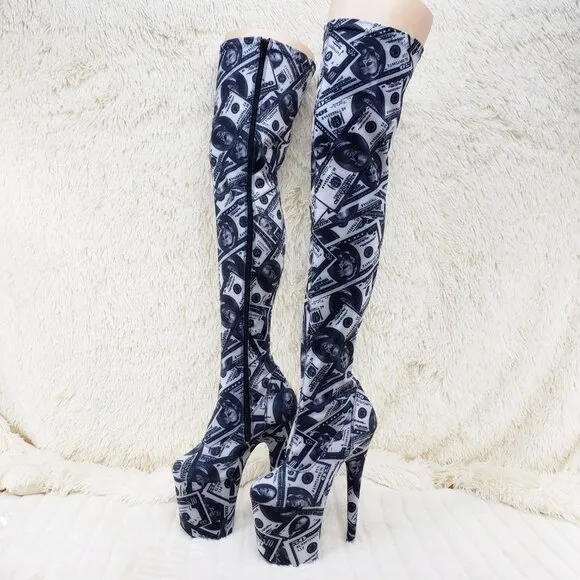 Dollar Money Print Stretch Thigh High 8 Heel Boots