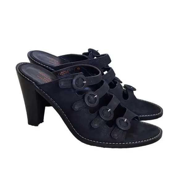 Donald J Pliner Black Suede Strappy Buckled Heeled Sandals‎ Mules