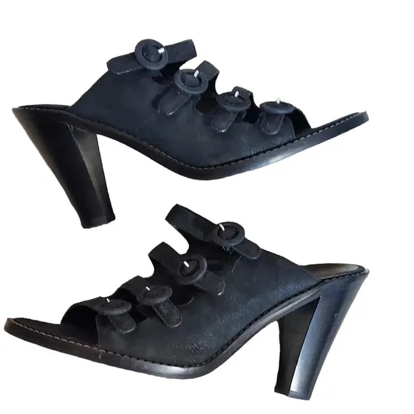 Donald J Pliner Black Suede Strappy Buckled Heeled Sandals‎ Mules