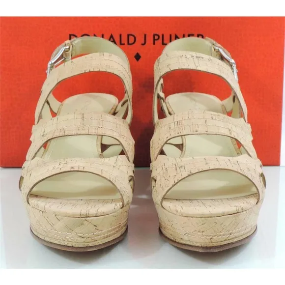 Donald J Pliner Fran Strappy Platform Wedge Sandals Heels Natural Cork Size 10
