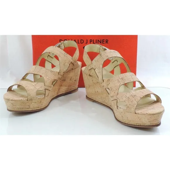 Donald J Pliner Fran Strappy Platform Wedge Sandals Heels Natural Cork Size 10