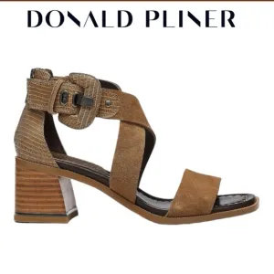 DONALD J. PLINER HELEN CALF SUEDE LIZARD PRINT STRAPPY BLOCK HEEL SANDALS