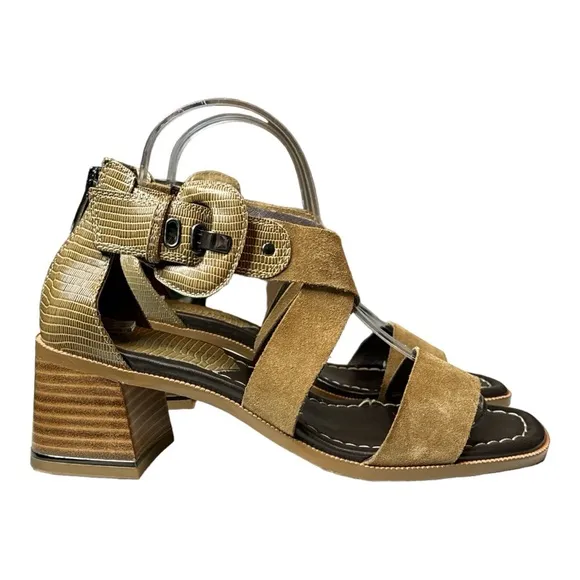 DONALD J. PLINER HELEN CALF SUEDE LIZARD PRINT STRAPPY BLOCK HEEL SANDALS