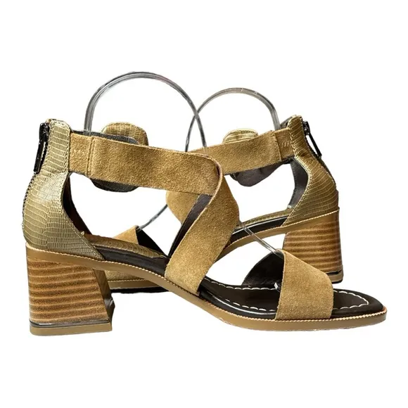 DONALD J. PLINER HELEN CALF SUEDE LIZARD PRINT STRAPPY BLOCK HEEL SANDALS