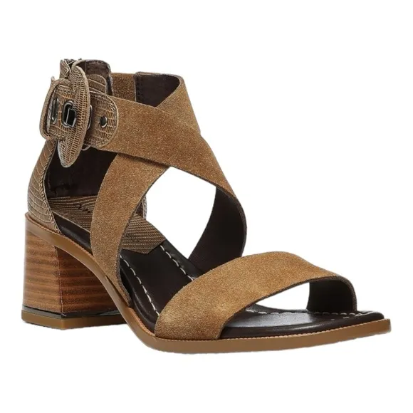DONALD J. PLINER HELEN CALF SUEDE LIZARD PRINT STRAPPY BLOCK HEEL SANDALS