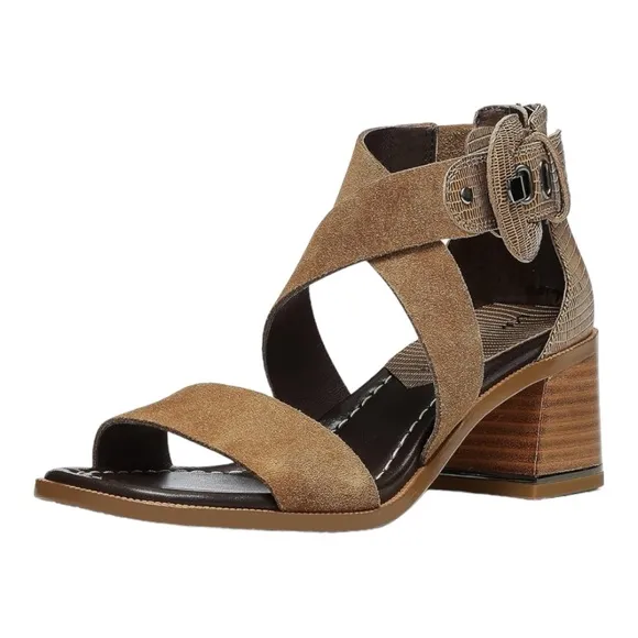 DONALD J. PLINER HELEN CALF SUEDE LIZARD PRINT STRAPPY BLOCK HEEL SANDALS