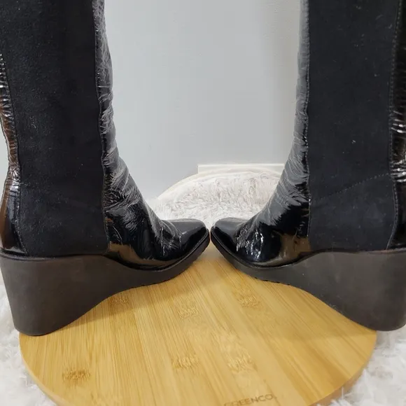 DONALD J. PLINER Neda black patent leather stretch pull-on tall wedge boots