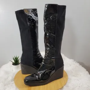 DONALD J. PLINER Neda black patent leather stretch pull-on tall wedge boots