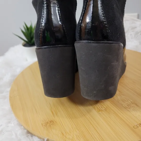 DONALD J. PLINER Neda black patent leather stretch pull-on tall wedge boots