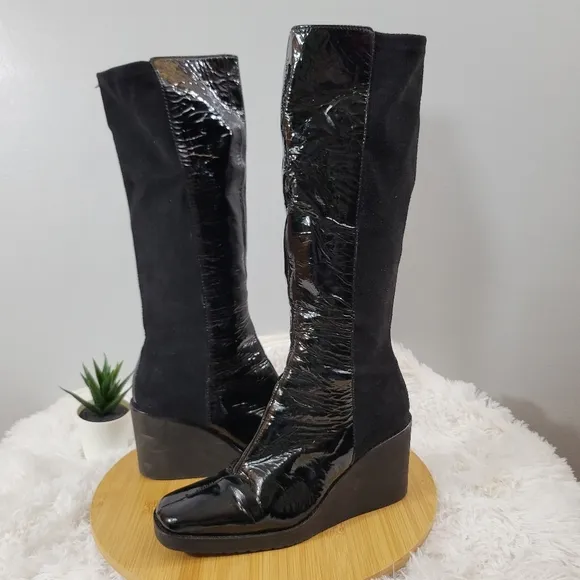 DONALD J. PLINER Neda black patent leather stretch pull-on tall wedge boots