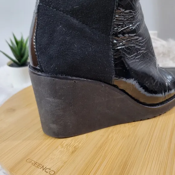 DONALD J. PLINER Neda black patent leather stretch pull-on tall wedge boots