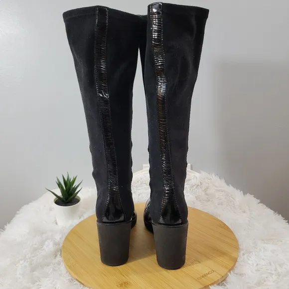 DONALD J. PLINER Neda black patent leather stretch pull-on tall wedge boots