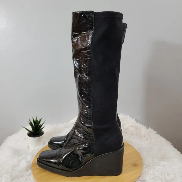 DONALD J. PLINER Neda black patent leather stretch pull-on tall wedge boots