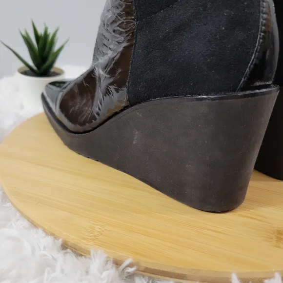 DONALD J. PLINER Neda black patent leather stretch pull-on tall wedge boots