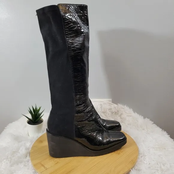 DONALD J. PLINER Neda black patent leather stretch pull-on tall wedge boots