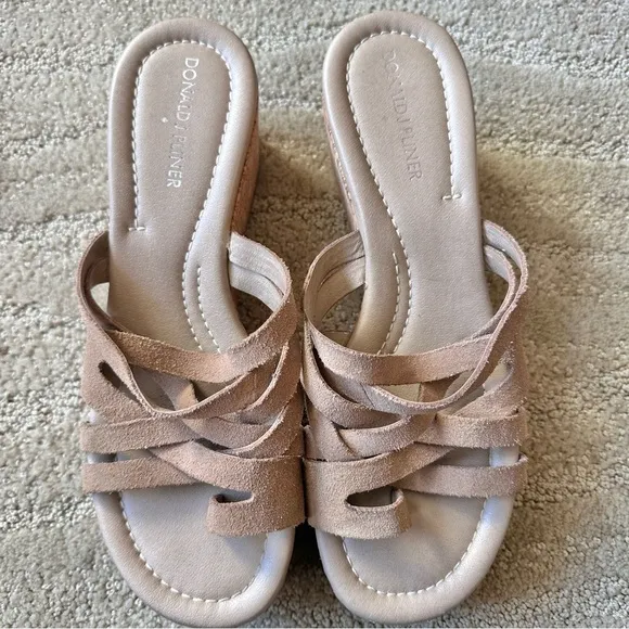 Donald J. Pliner Tan Suede Wedge Platform Toe Ring Sandals Interweaving Straps 8