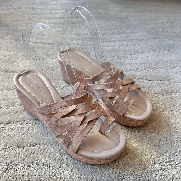 Donald J. Pliner Tan Suede Wedge Platform Toe Ring Sandals Interweaving Straps 8
