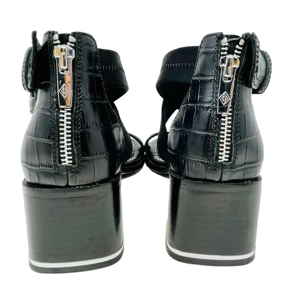 DONALD PLINER Black Helen Block Heel Sandals Shoes Sz 7 Buckle Ankle Strap Zip
