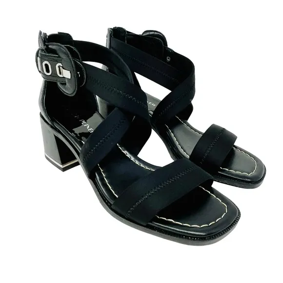 DONALD PLINER Black Helen Block Heel Sandals Shoes Sz 7 Buckle Ankle Strap Zip