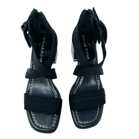 DONALD PLINER Black Helen Block Heel Sandals Shoes Sz 7 Buckle Ankle Strap Zip