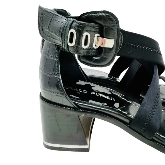 DONALD PLINER Black Helen Block Heel Sandals Shoes Sz 7 Buckle Ankle Strap Zip