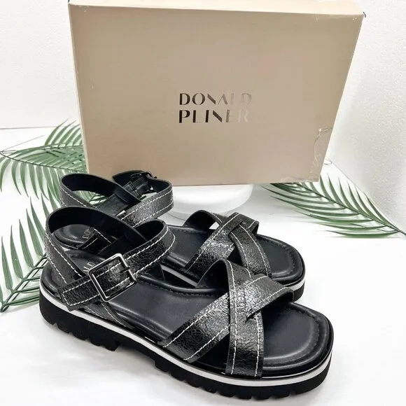 Donald Pliner Black Pyper Pebbled Metallic Leather Strappy Sandals Size 9.5 NWB
