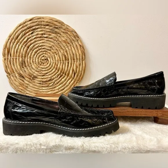 Donald Pliner Hope Crocodile Embossed Patent Leather Lug Sole Platform Loafers