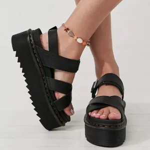 DR MARTENS VOSS II ATHENA BLACK LEATHERSTRAP PLATFORM SANDALS Women 10 NEW