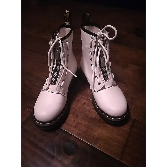 Dr. Martens Zip Front Leather Ankle Boots‎ White Fashion Combat Boots