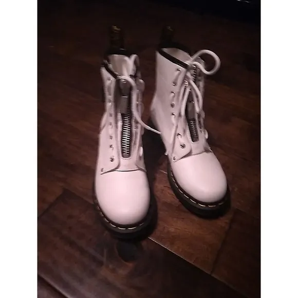 Dr. Martens Zip Front Leather Ankle Boots‎ White Fashion Combat Boots
