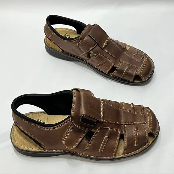 DR SCHOLLS Men’s Size 11M Memory Fit Brown Leather hook and loop Sandals