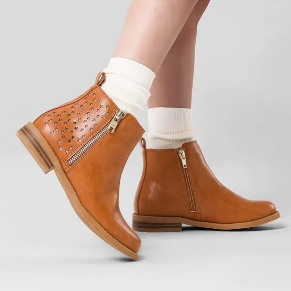 Dream Pairs Ankle Boot Women Tan Polyurethane Zipper Low Heels Toddler