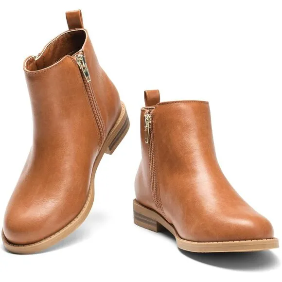 Dream Pairs Ankle Boot Women Tan Polyurethane Zipper Low Heels Toddler