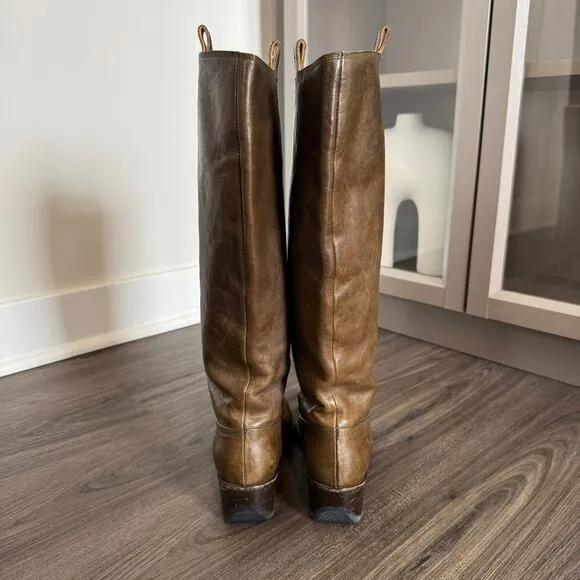 Dries Van Noten Knee High Riding Boots Brown Leather Pull-On Round Toe Size 36