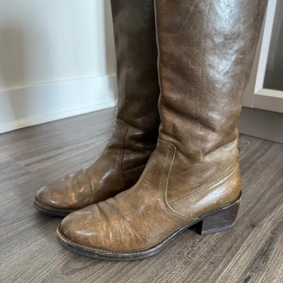 Dries Van Noten Knee High Riding Boots Brown Leather Pull-On Round Toe Size 36