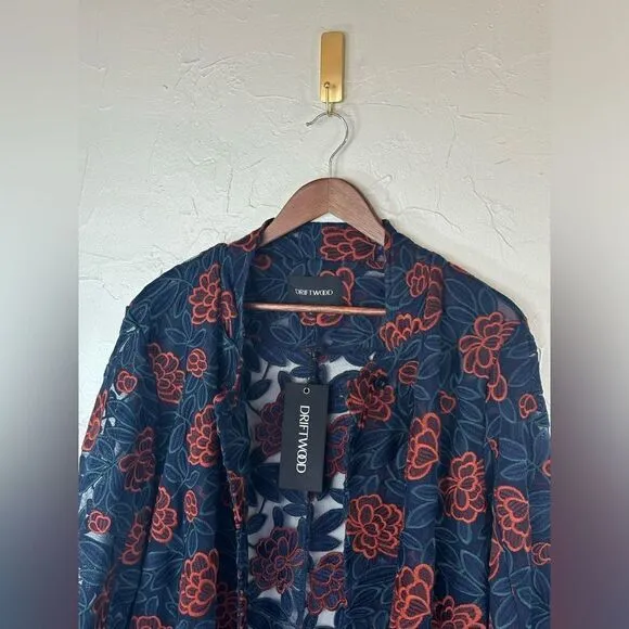 DRIFTWOOD LongLine NEW Embroidered Coat Jacket Open Front Floral Rose‎ Red Blue