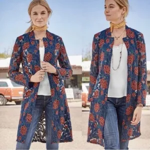 DRIFTWOOD LongLine NEW Embroidered Coat Jacket Open Front Floral Rose‎ Red Blue