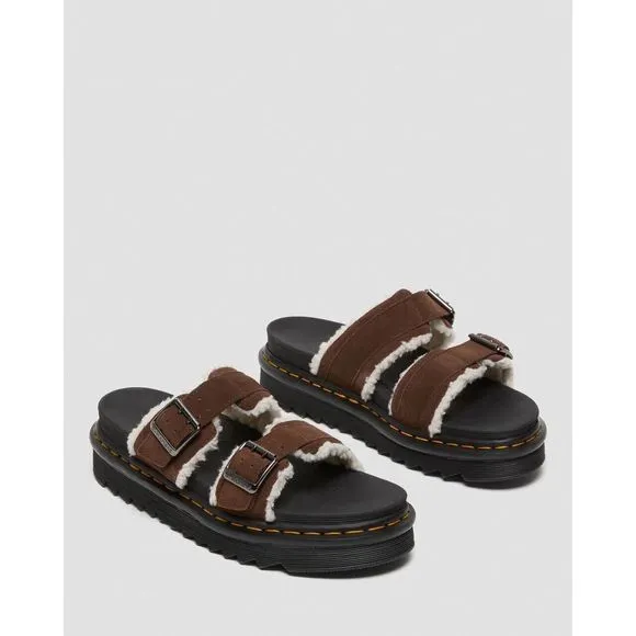Dr.Martens MYLES SUEDE FUR-LINED BUCKLE SLIDE SANDALS Size 4