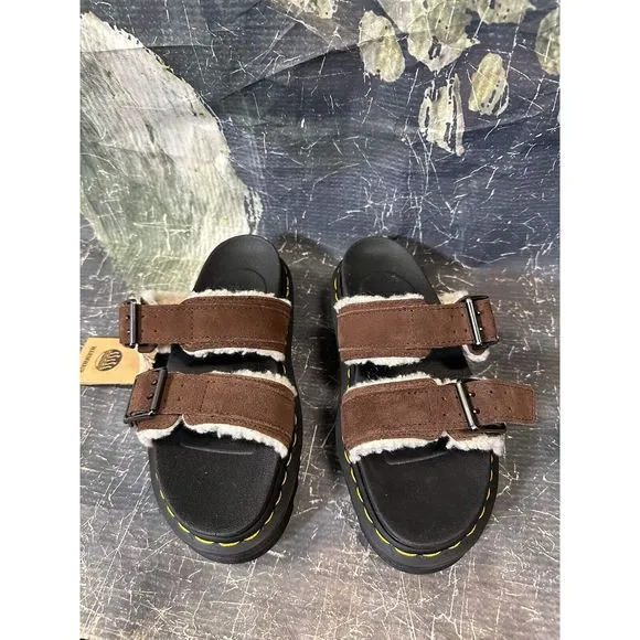 Dr.Martens MYLES SUEDE FUR-LINED BUCKLE SLIDE SANDALS Size 4
