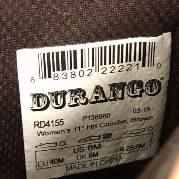 Durango Crush Distressed 11&quot; Heart Concho Women's Size 8M Western Boots RD4155