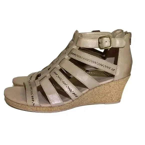 Earth Wedge Sandals Womens 7.5 38 Beige Woodland Sunny Strappy Leather NEW