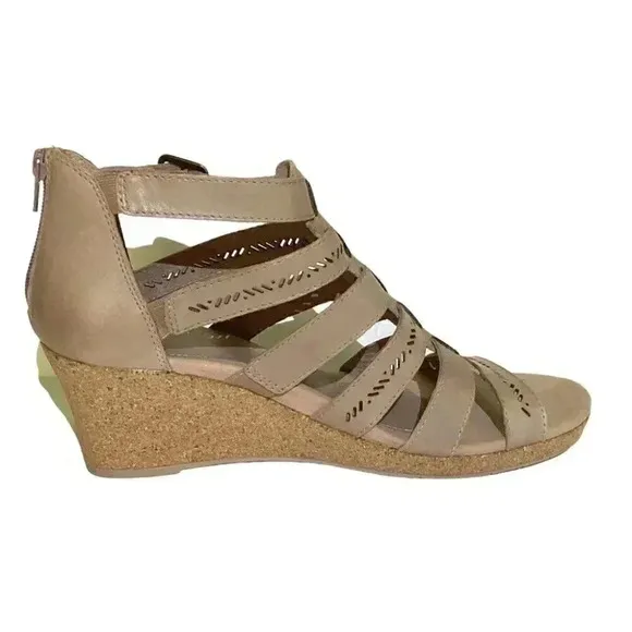 Earth Wedge Sandals Womens 7.5 38 Beige Woodland Sunny Strappy Leather NEW